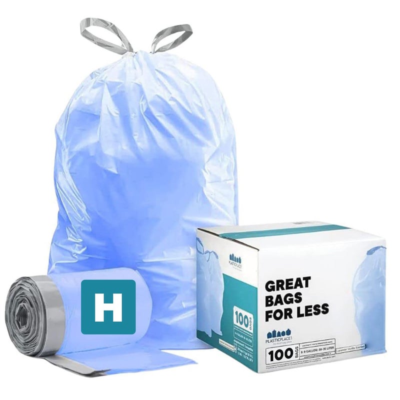 Plasticplace Custom Fit Blue Drawstring Trash Bags, Compatible with Simplehuman Code H, Tear-Resistant, Scent-Free, for Indoor Use Home Office Trashbags (100 Count), 8-9 Gallon / 30-35L, 18.5"" x 28"" - Image 1